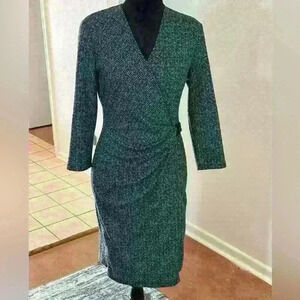 Anne Klein Black & White Wrap Around Long Sleeve Midi Dress